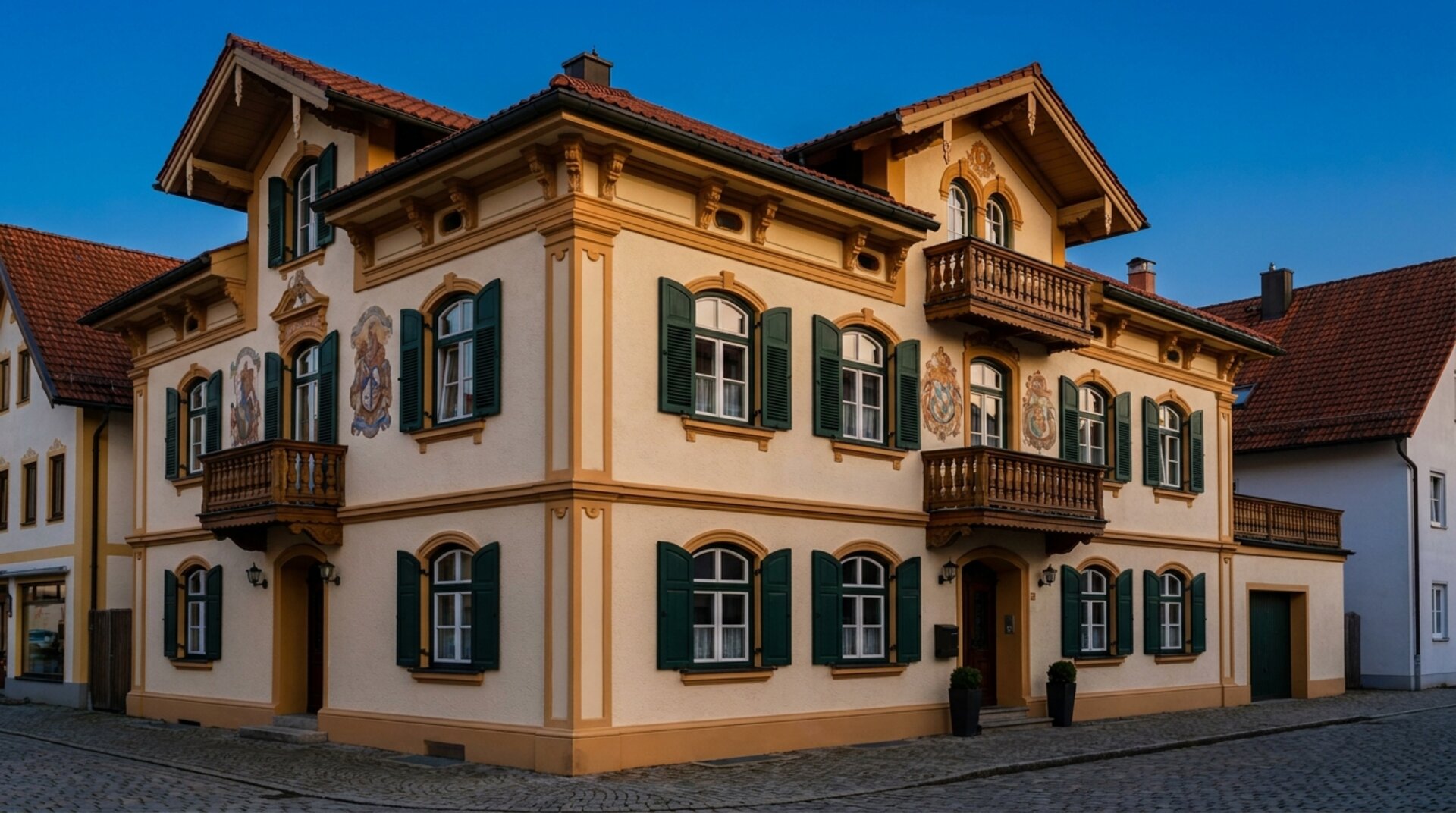 Italienische Fassade in Creme- und Ocker-Tönen